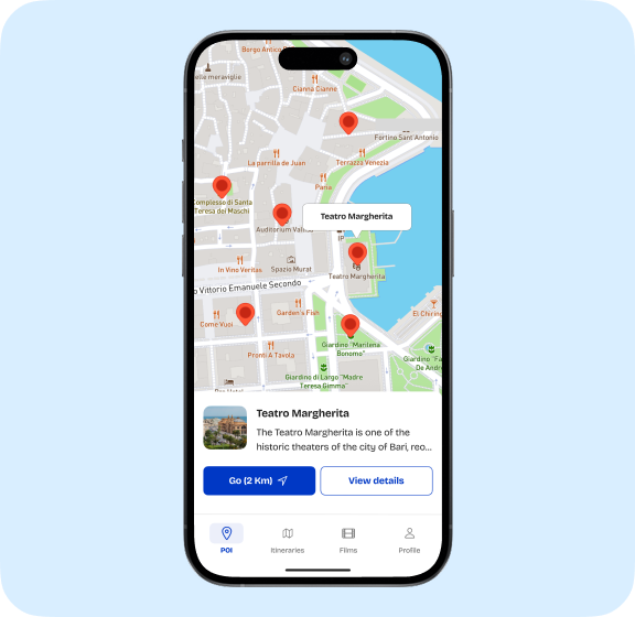 Mappa interattiva con punti di interesse, suggerimenti di percorso e marcatori